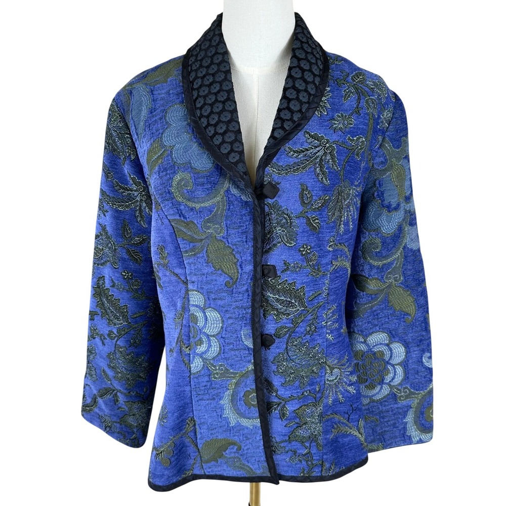 Mary Lynn O'Shea Jacket‎ Womens Petite XS Blue Floral Tapestry Art To Wear Boho